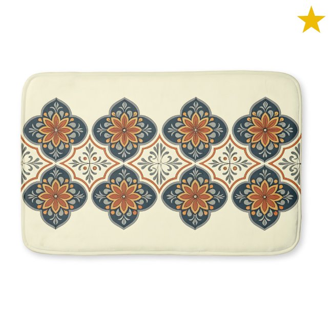Blue Orange Spanish Tile Flower Pattern  Bath Mat (Creator Uploaded)