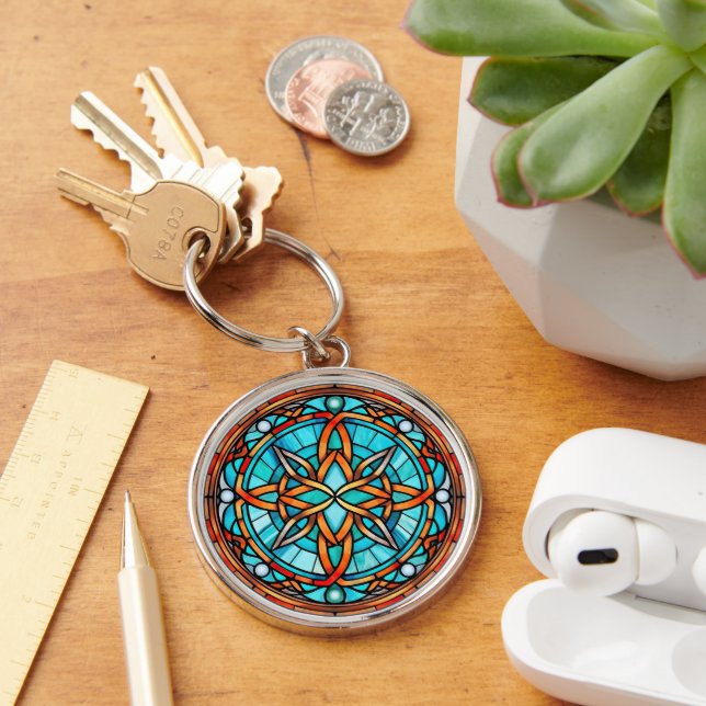 Blue Orange Stained Glass Celtic Knot Key Ring (Desk)