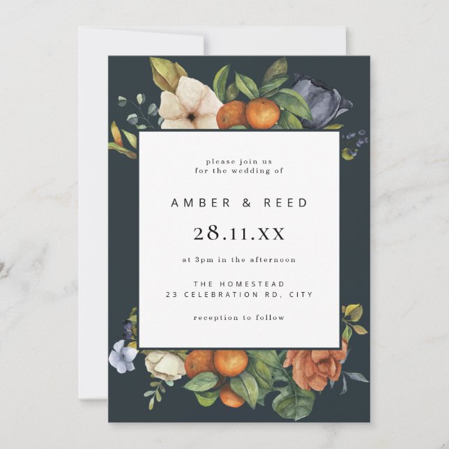 Blue Orange Summer Floral Botanical Boho Wedding Invitation (Front)