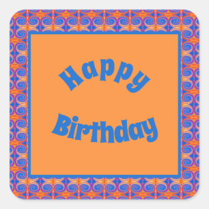 Blue Orange Swirl Pattern Happy Birthday Square Sticker