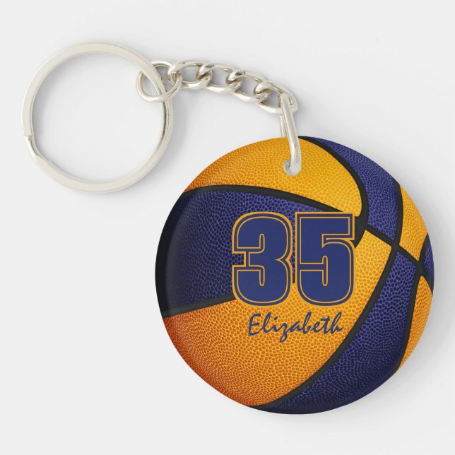 Blue orange team colours girls boys basketball key ring (Front)