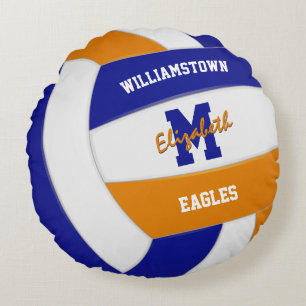 blue orange team colours girls volleyball round cushion