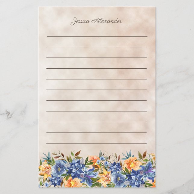 Blue Orange Tiger Lily Floral Lined Name (Front)