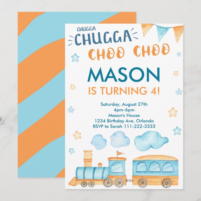 Blue Orange Train Birthday Party Invitation (Front/Back)