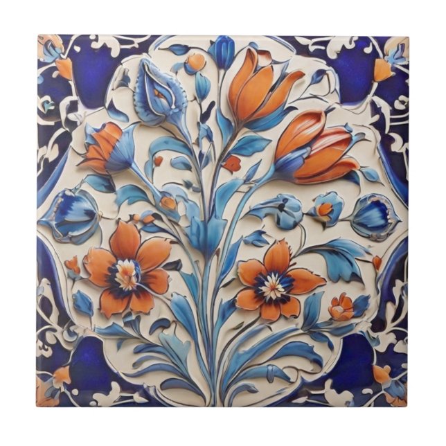 Blue Orange Turkish Floral Poppies & Tulip Flowers Tile (Front)