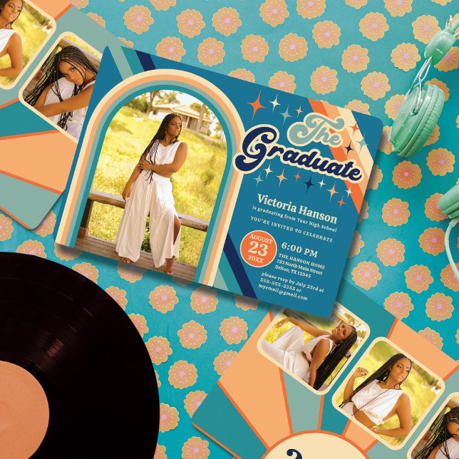 Blue Orange Typography Summer Sun Graduation Invitation (Creator Uploaded)