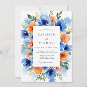 Blue Orange Vibrant Botanical Wedding Invitation