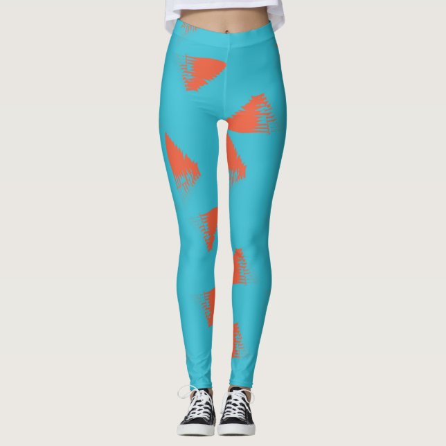 Blue, orange, vibrant, trendy geometric pattern leggings (Front)