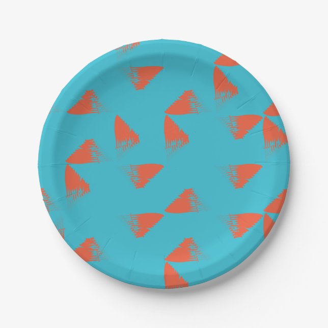 Blue, orange, vibrant, trendy geometric pattern paper plate (Front)