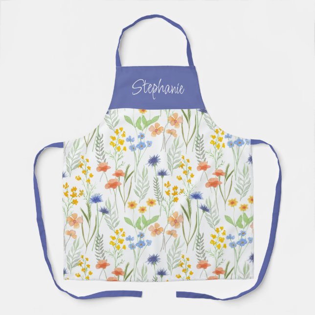 Blue Orange Watercolor Wildflower Custom Name Apron (Front)