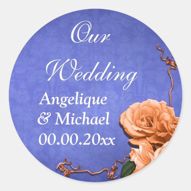 Blue orange wedding country garden classic round sticker (Front)