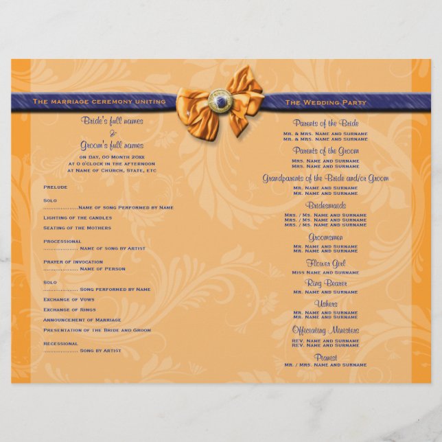 Blue orange wedding program PERSONALIZE (Front)