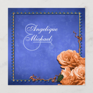 Blue orange wedding vintage rose invitation