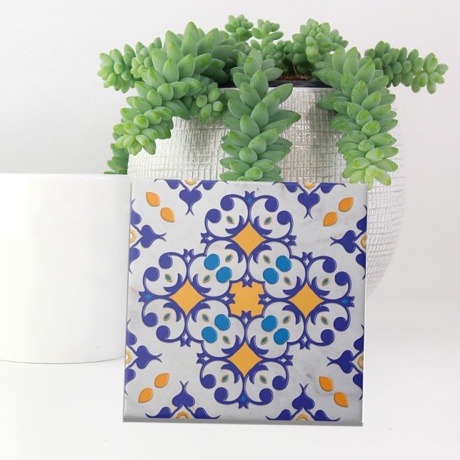 Blue Orange White Marble Portuguese Motifs Tile (Creator Uploaded)