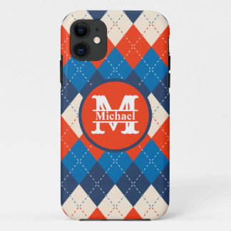 Blue Orange White Preppy Sporty Argyle Personalise iPhone 11 Case