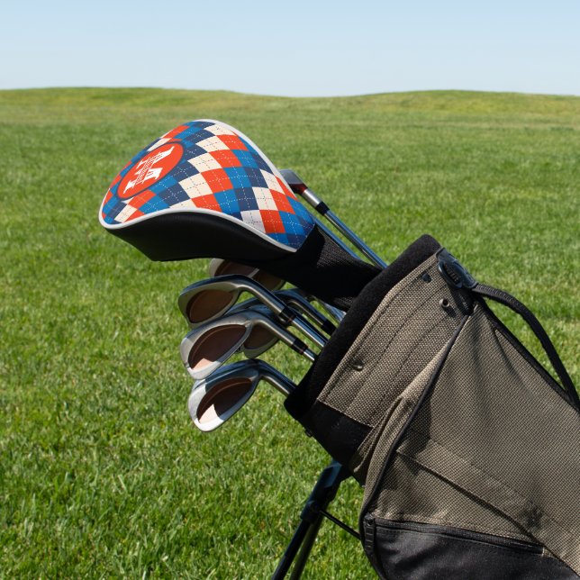 Blue Orange White Preppy Sporty Argyle Personalise Golf Head Cover (In Situ)