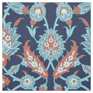 Blue Orange White Turkish Oriental Floral Pattern Fabric