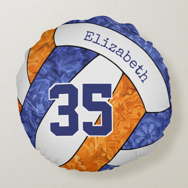 blue orange white volleyball girly team colours round cushion (Back)