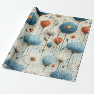 Blue Orange Wildflower Floral  Wrapping Paper