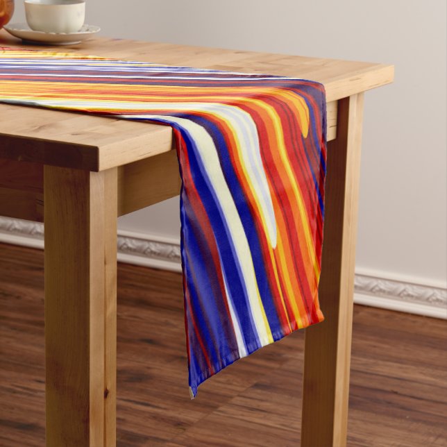 Blue Orange Yellow Abstract Geometric Feathers Short Table Runner (In Situ)