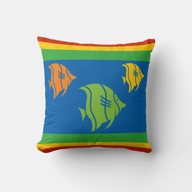blue, orange, yellow, and Green fish on white Cushion (Front)