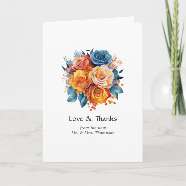Blue, Orange, Yellow and Red Floral Wedding Photo Thank You Card (Front)