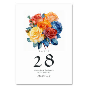Blue, Orange, Yellow, and Red Floral Wedding Table Number