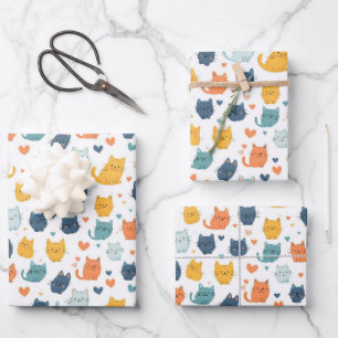 Blue Orange Yellow Cute Cats Baby Shower Birthday Wrapping Paper Sheet