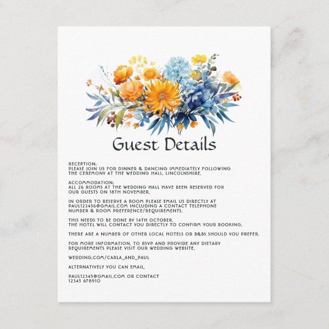 Blue, Orange & Yellow Floral Wedding Guest Details Enclosure Card (Front)