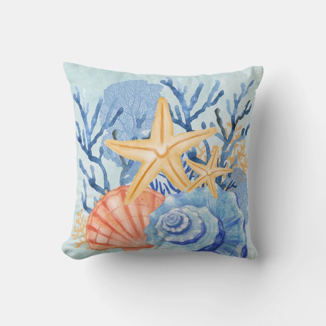 Blue Orange Yellow Seashell Coral Beachy Coastal Cushion (Front)