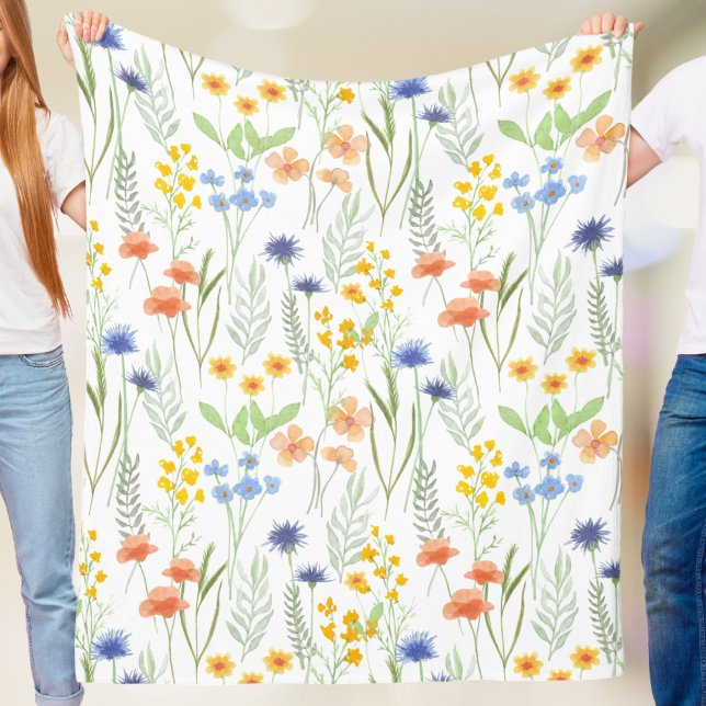 Blue Orange Yellow Watercolor Wildflower Fleece Blanket (Creator Uploaded)