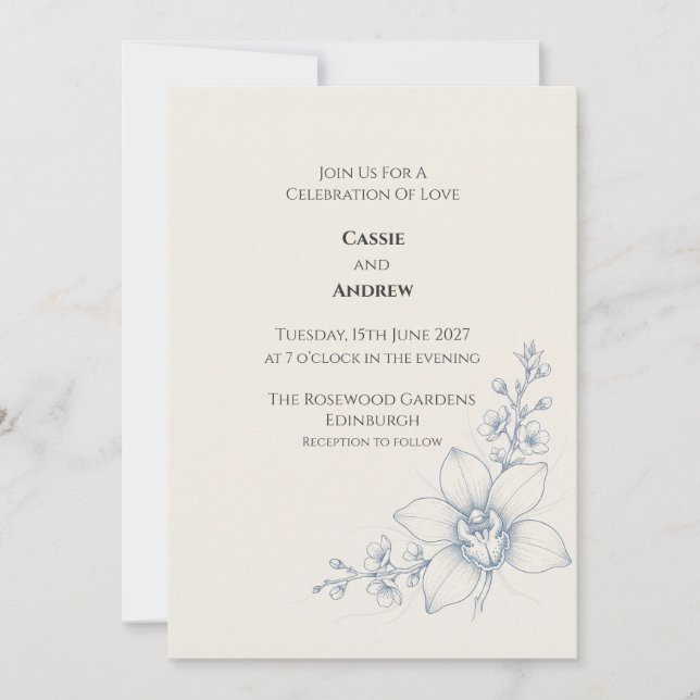 Blue Orchid Botanical Wedding Invitation (Front)