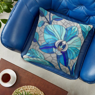 Blue Orchid Flower Mosaic Cushion