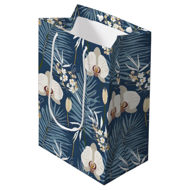 Blue orchid hawaiian print medium gift bag (Front Angled)