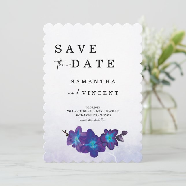Blue Orchid  Save the Date card (Standing Front)