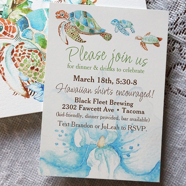 Blue Orchid, Sea Turtles Elopement Reception Party Invitation (Watercolor Blue and Green Sea Turtle Reception Dinner Party, Beach Elopement After Party)