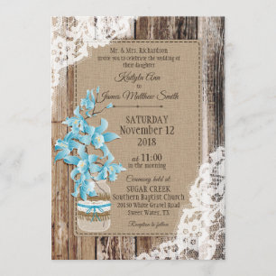 Blue Orchid Wood Lace Rustic Wedding Invitation
