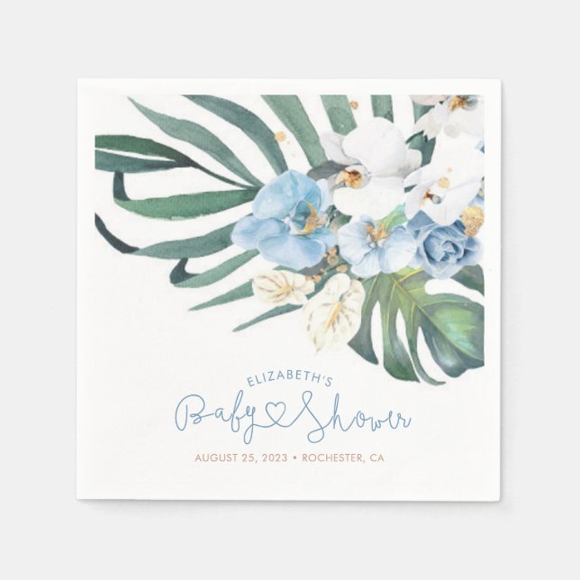 Blue Orchids and Palm Leaves Tropical Elegant Napkin (Front)