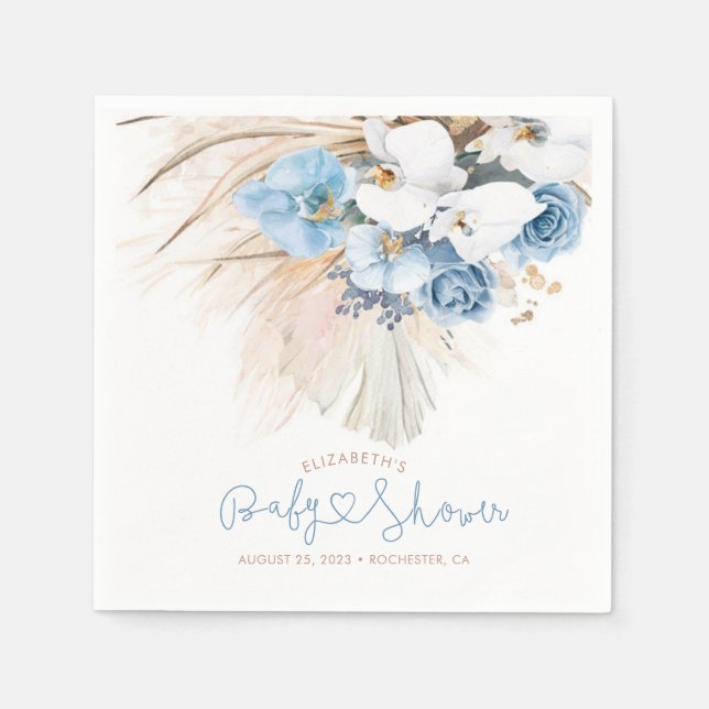 Blue Orchids and Pampas Grass Elegant Boho Napkin (Front)