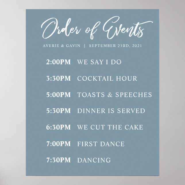 Blue Order of Events Wedding Day Schedule Poster (Front)