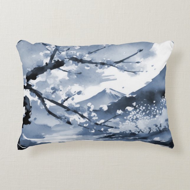 Blue Oriental Cherry Blossoms  Decorative Cushion (Front)