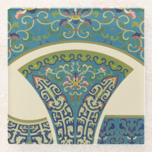 Blue Oriental Designs with Smiling Faces Glass Coaster