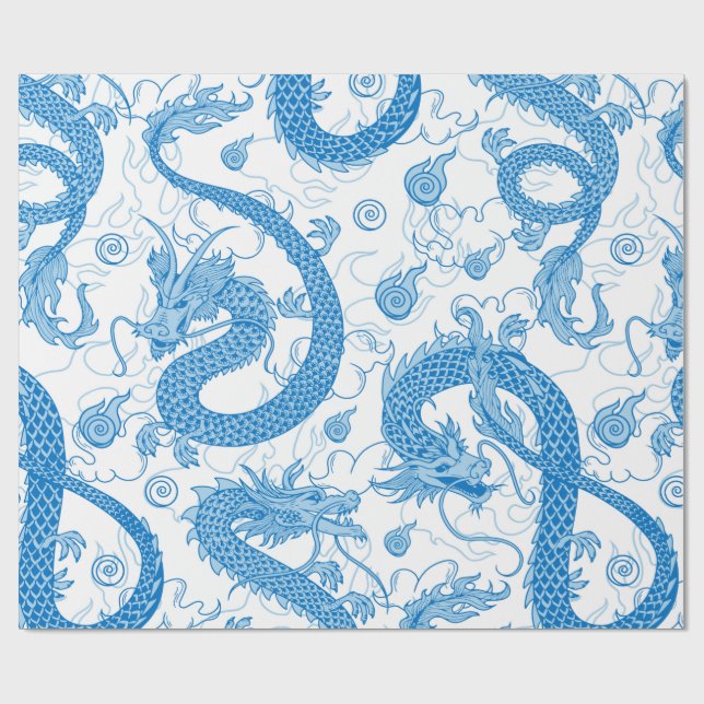 Blue Oriental Dragon Wrapping Paper (Flat)