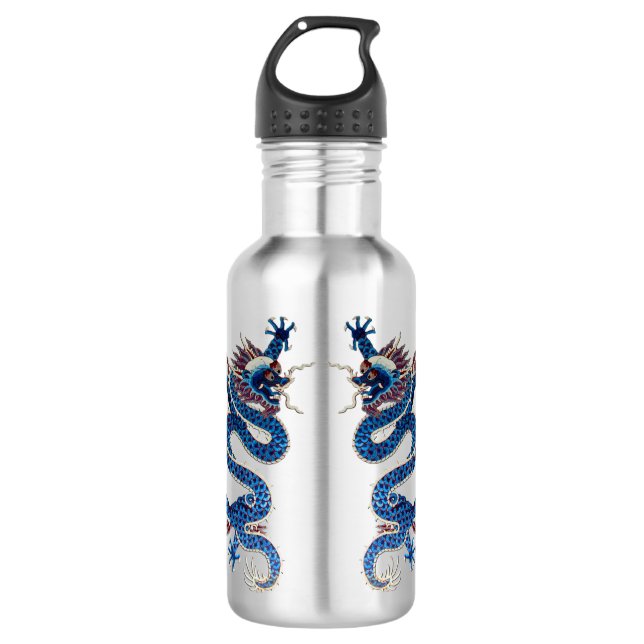 Blue oriental dragons antique Chinese embroidery 532 Ml Water Bottle (Front)