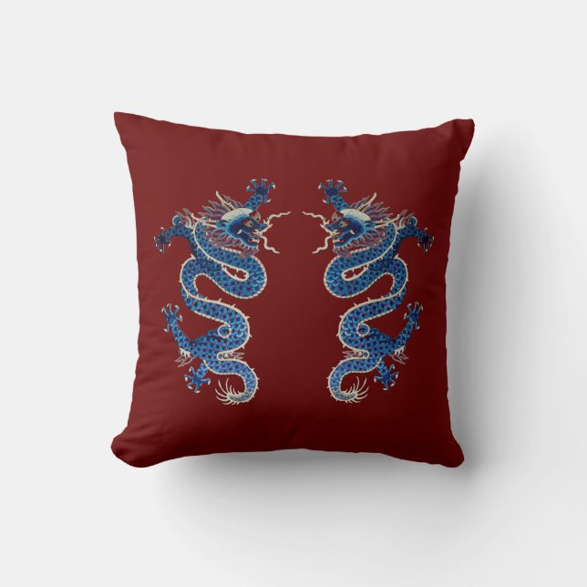 Blue oriental dragons antique Chinese embroidery Cushion (Front)