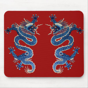 Blue oriental dragons antique Chinese embroidery Mouse Mat