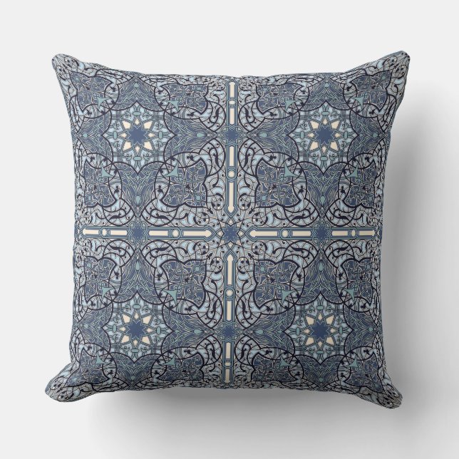 Blue Oriental Floral Pattern Throw Pillow #2 (Front)