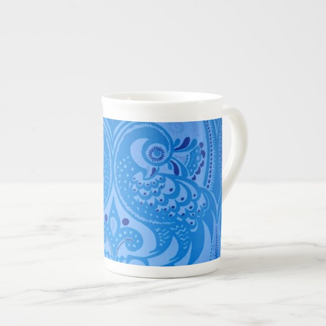 Blue Oriental Peacock Birds Bone China Mug (Front Right)
