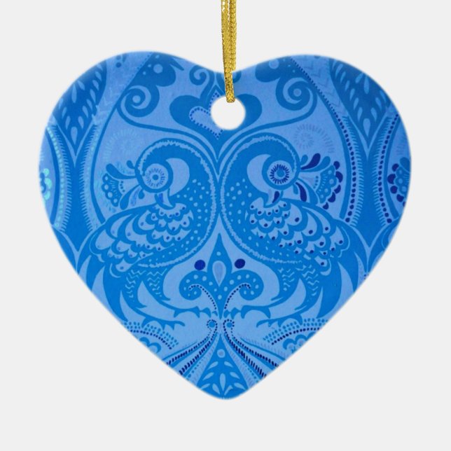 Blue Oriental Peacock Birds Ceramic Tree Decoration (Front)