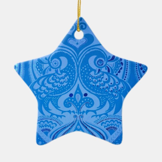 Blue Oriental Peacock Birds Ceramic Tree Decoration (Front)